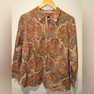 Talbots Woman 14W Paisley Shirt 100% Cotton Multi-Color Roll-Tab Sleeve